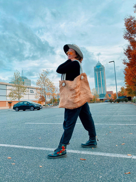 handmade; burlap tote bag; grocery bag; sustainable; mellobeans; mellobeansmobile; virginia beach; chesapeake; coffee near me; reuse coffee; reuse material; 100% handmade; accessory bag; tote bag; burlap bag