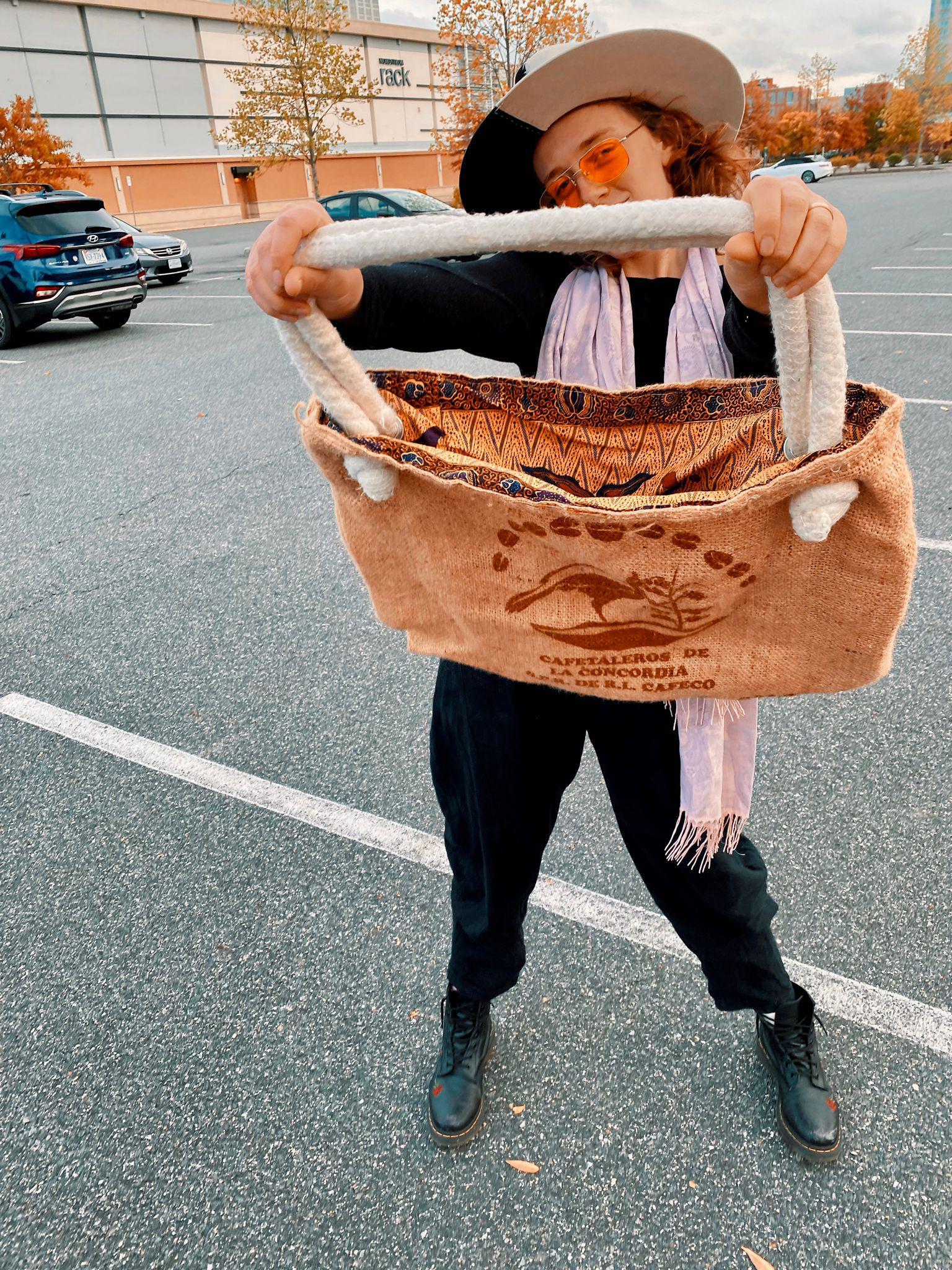 handmade; burlap tote bag; grocery bag; sustainable; mellobeans; mellobeansmobile; virginia beach; chesapeake; coffee near me; reuse coffee; reuse material; 100% handmade; accessory bag; tote bag; burlap bag